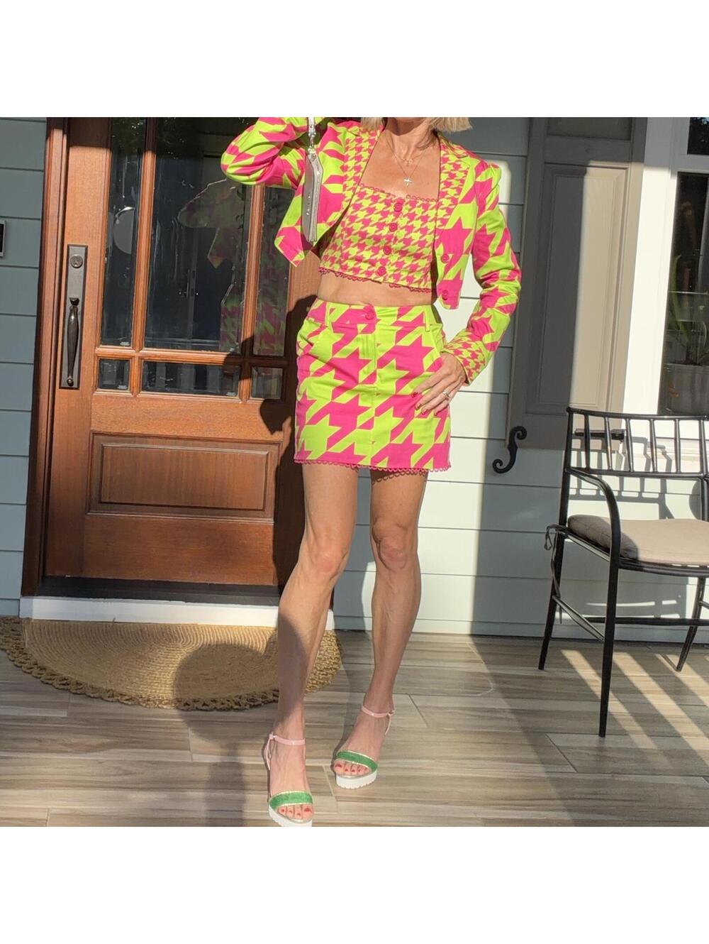 Sugar Thrillz Pink Green Houndstooth 3-Piece Skirt Set Size S